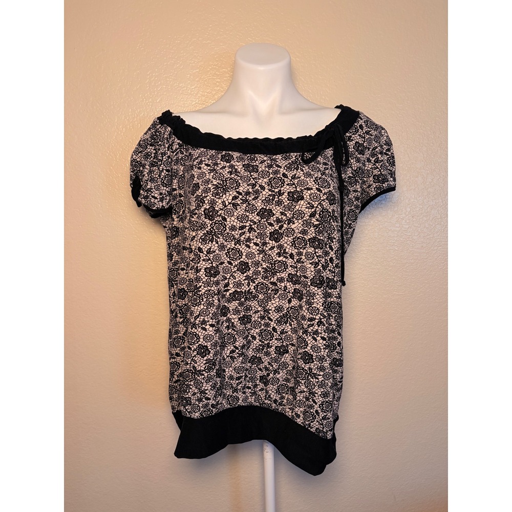 Y2K Oh! Mamma Floral Lace Print Scoop Neck Bow Top off shoulders #11